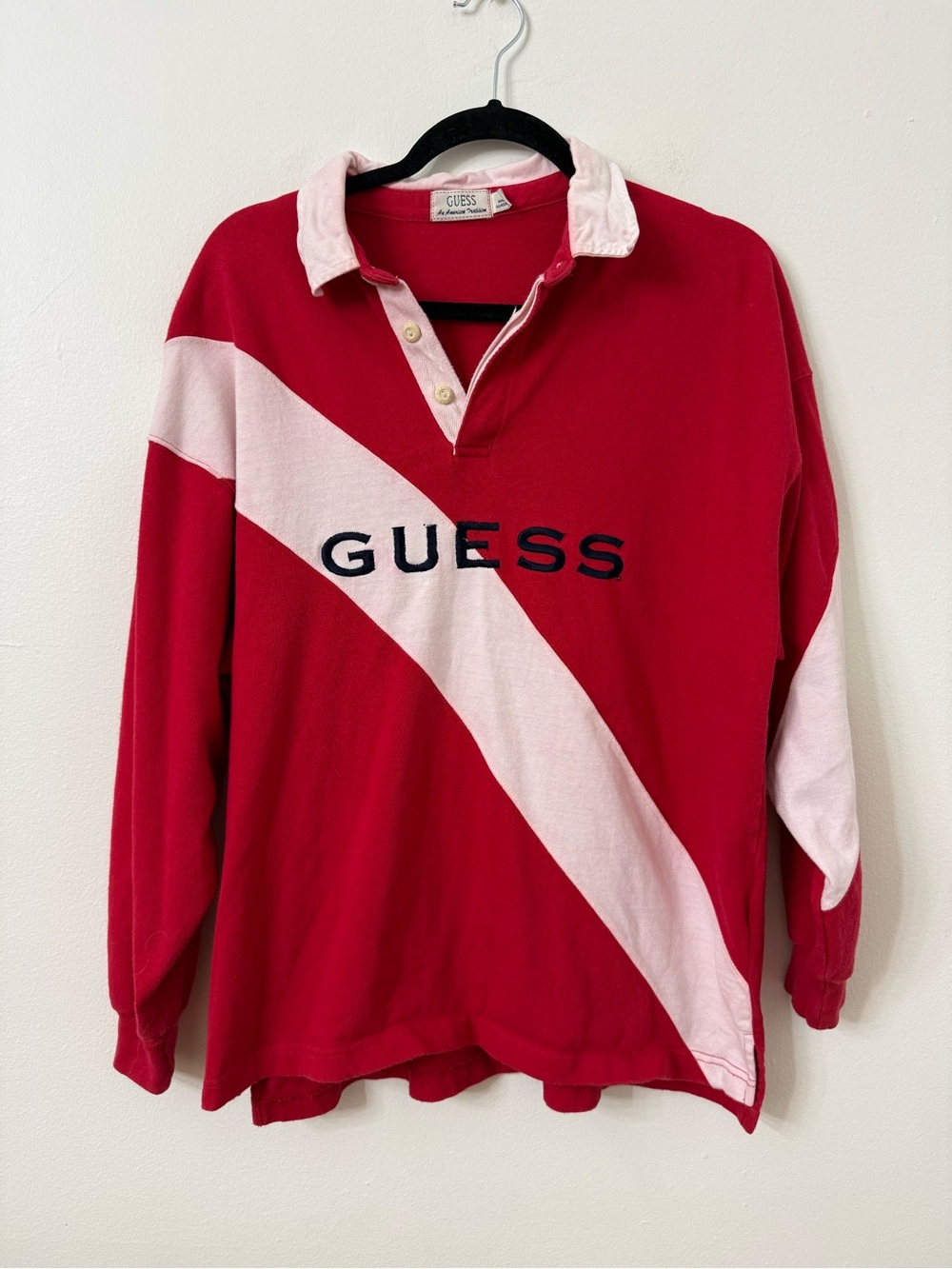 {L} Vintage. GUESS Red & Light Pink Diagonal Rugby Shirt *FLAWS READ*